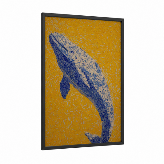 Golden Beluga Whale framed art print — black wood frame — gold and blue palette