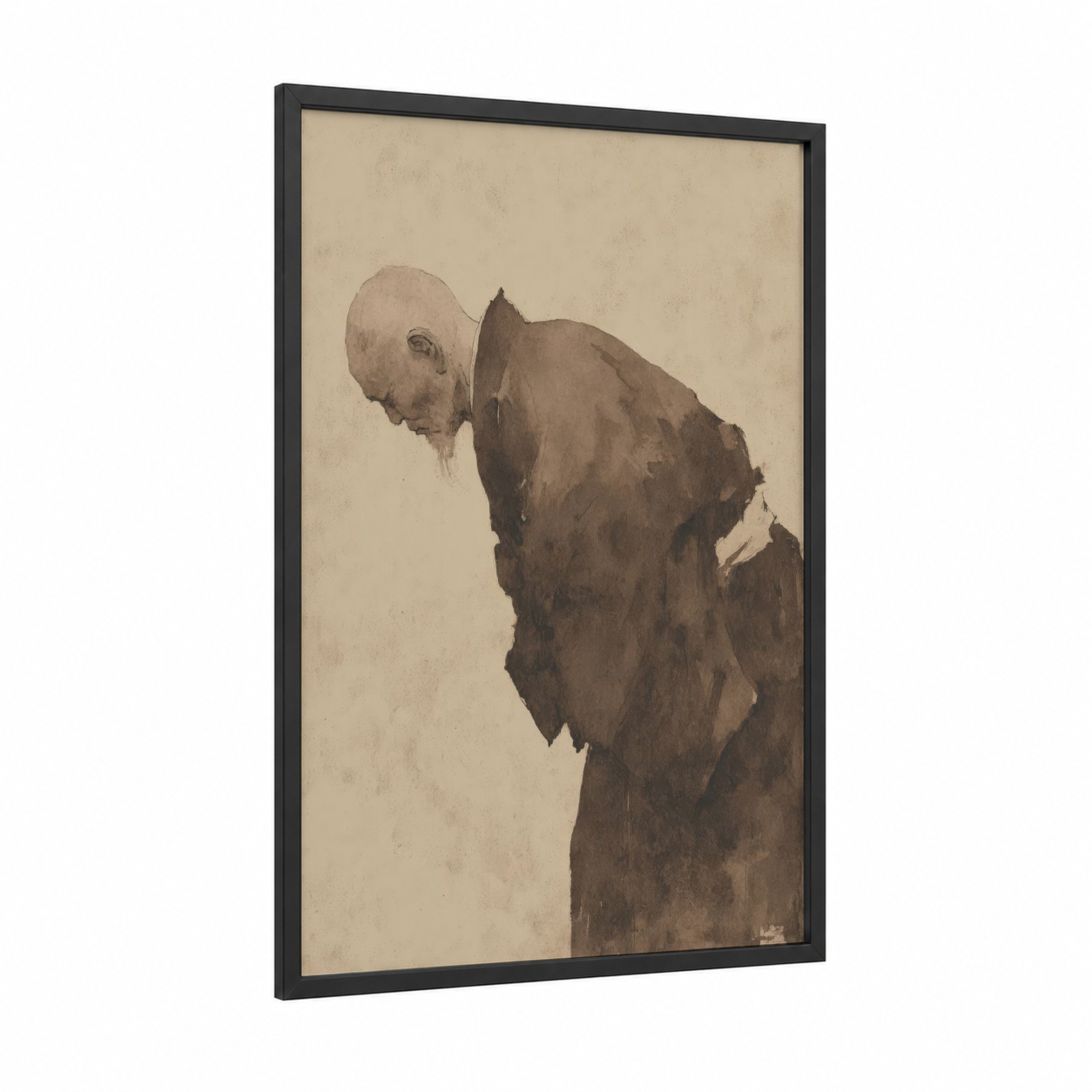 Focused Judoka framed art print — black wood frame — beige and brown palette