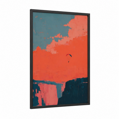 Crimson Sky Paragliding framed art print — black wood frame — red and teal palette