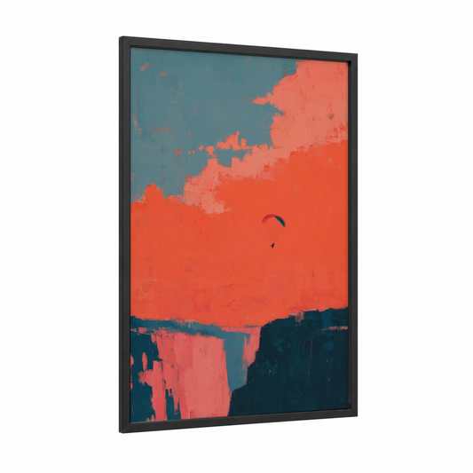 Crimson Sky Paragliding framed art print — black wood frame — red and teal palette