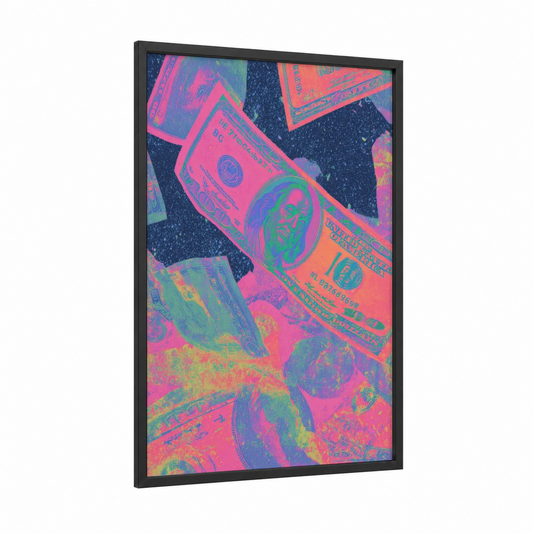 Neon Money Pop framed art print — black wood frame — magenta and true green palette