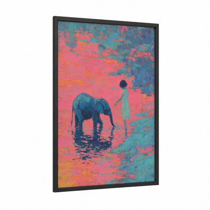 Elephant Connection framed kids animals print — black wood frame — magenta and teal palette