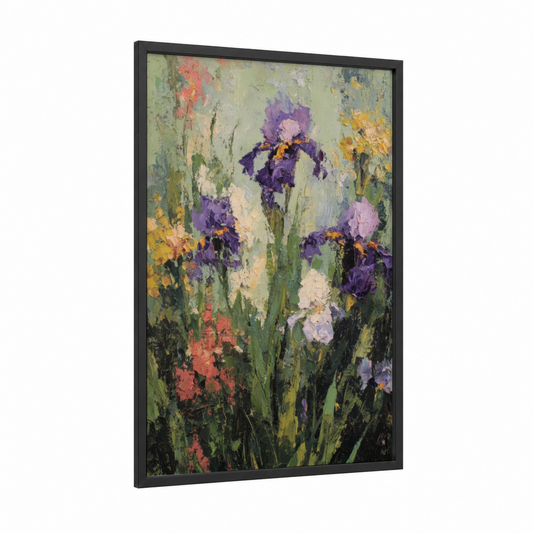 Purple Iris Garden framed art print — black wood frame — purple and green palette