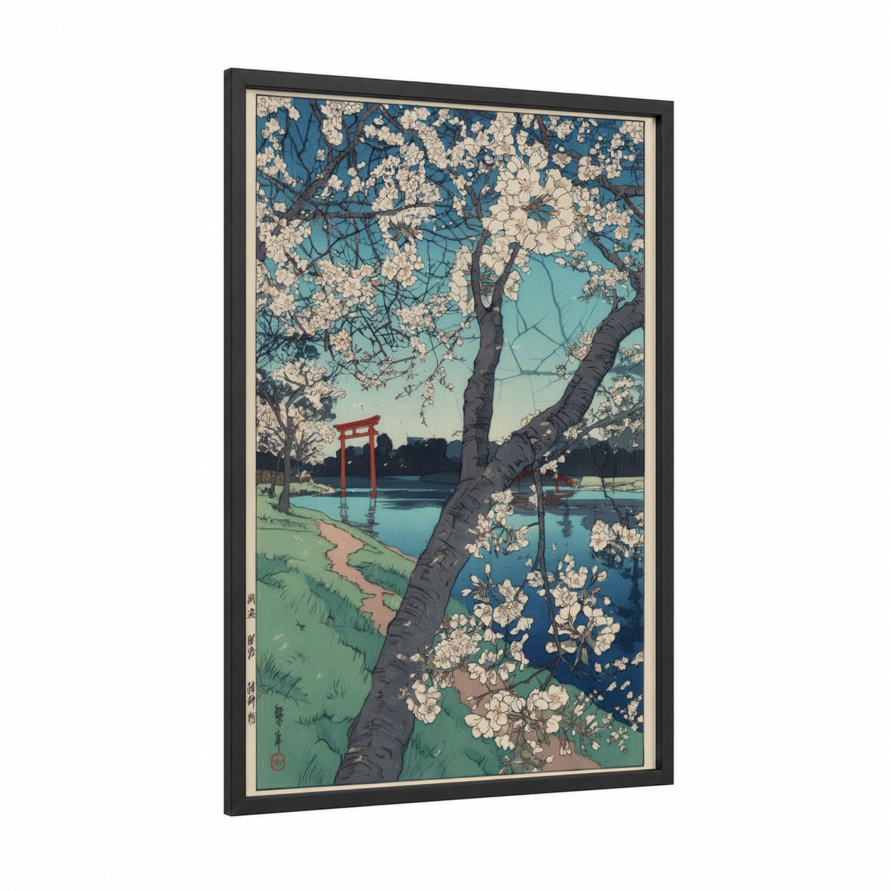 Lakeside Cherry Blossoms framed art print — black wood frame — blue and cream palette