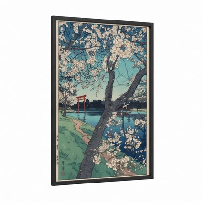 Lakeside Cherry Blossoms framed art print — black wood frame — blue and cream palette