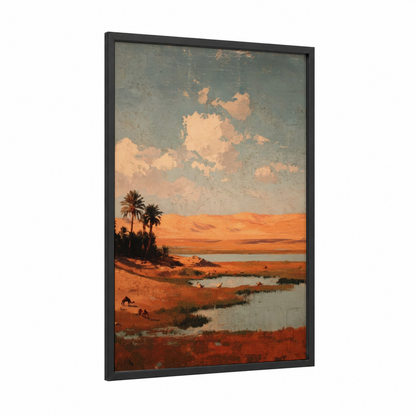 Desert Oasis framed art print — black wood frame — gold and teal palette