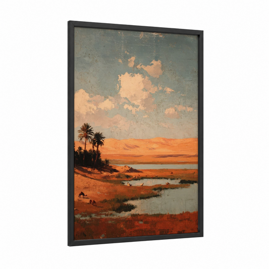 Desert Oasis framed art print — black wood frame — gold and teal palette