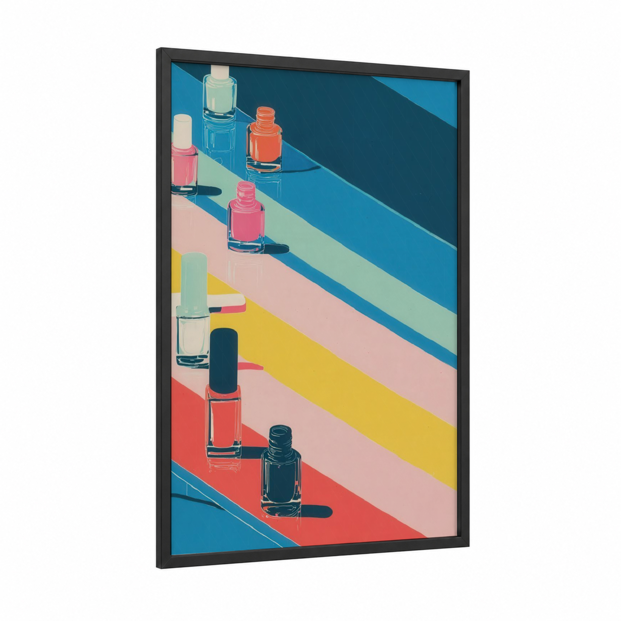 Chromatic Nail Polish framed make up print — black wood frame — blue and pink palette