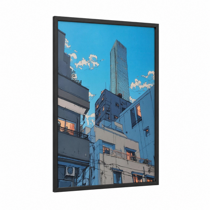 Urban Skyline framed abstract architecture print — black wood frame — blue and gold palette