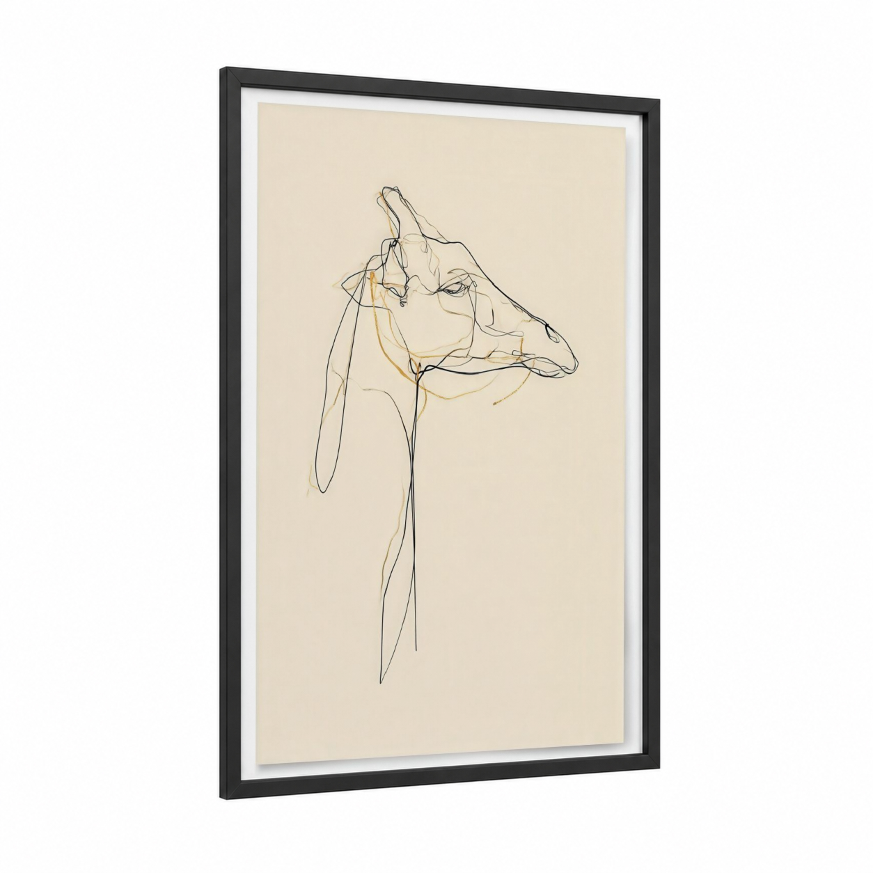 Minimalist Giraffe framed art print — black wood frame — cream and gold palette