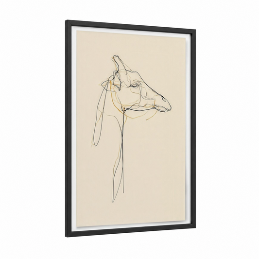 Minimalist Giraffe framed art print — black wood frame — cream and gold palette