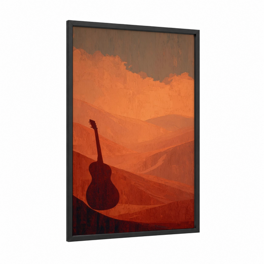 Crimson Mountain Guitar framed acoustic guitar print — black wood frame — orange palette
