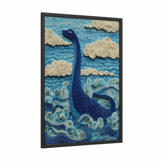 Loch Ness Mystique framed loch ness monster print — black wood frame — blue and gold palette
