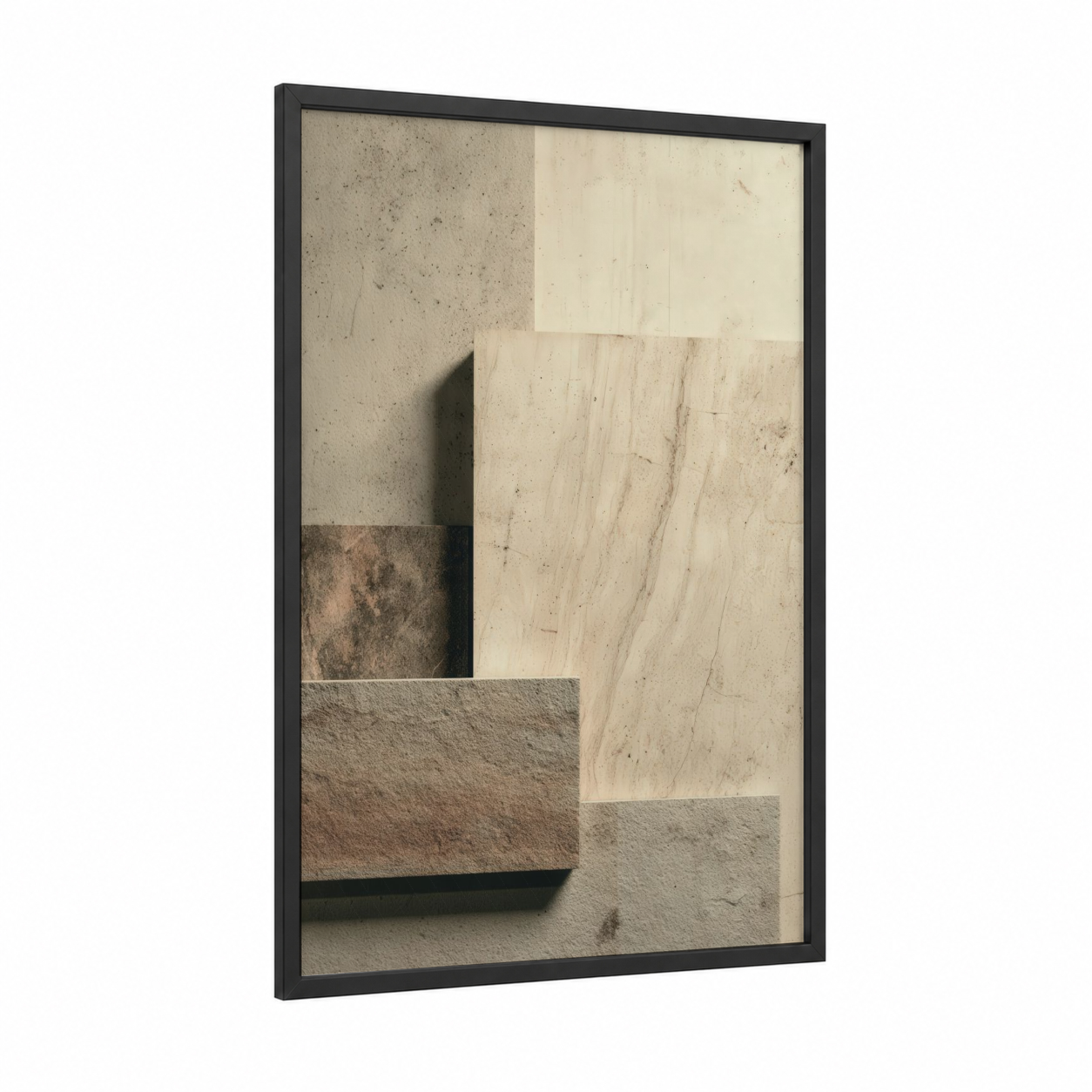 Neutral Stone Composition framed natural stones print — black wood frame — beige and gray palette