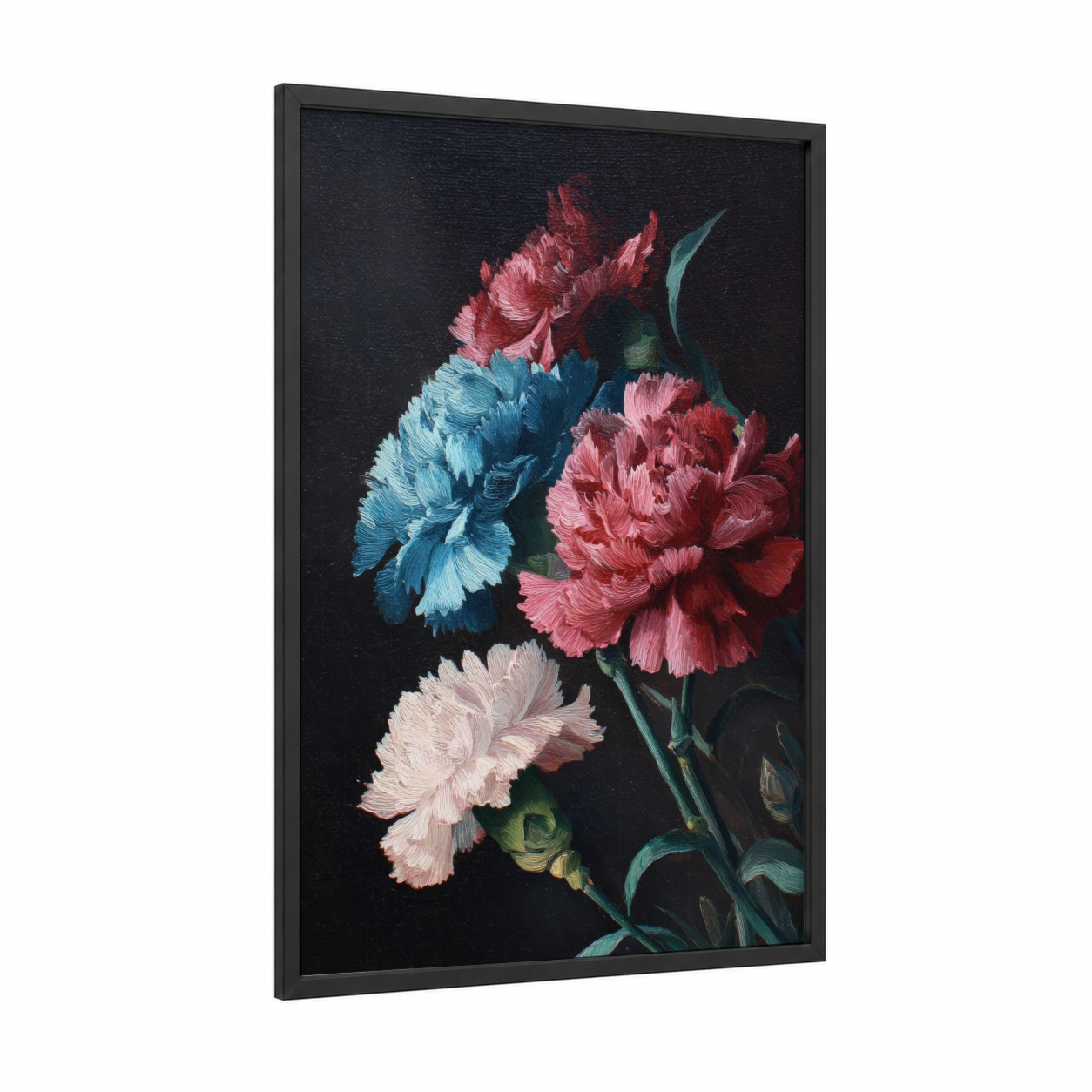 Jeweled Carnations framed art print — black wood frame — red and teal palette