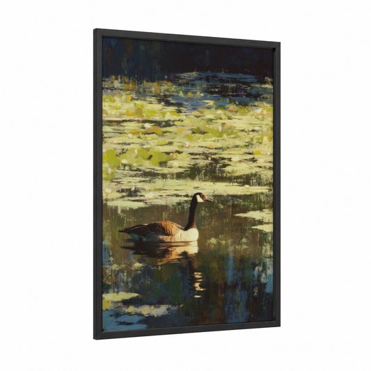Golden Hour Goose framed geese print — black wood frame — yellow gold and dark blue palette