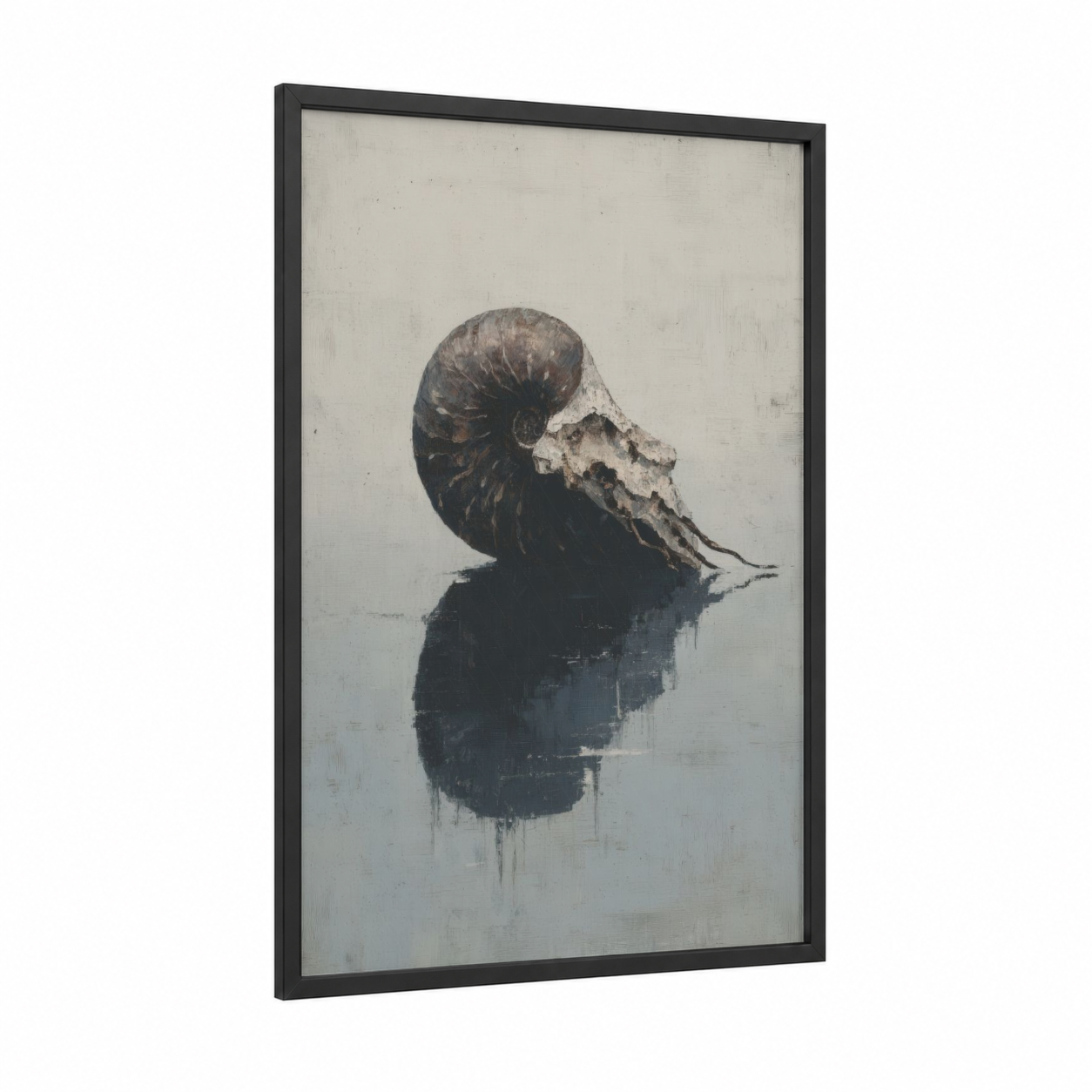Ethereal Nautilus framed art print — black wood frame — gray and cream palette