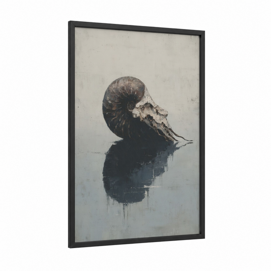 Ethereal Nautilus framed art print — black wood frame — gray and cream palette