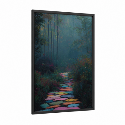 Enchanted Forest Path framed masonry print — black wood frame — teal and magenta palette