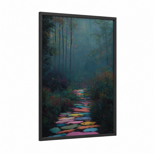 Enchanted Forest Path framed masonry print — black wood frame — teal and magenta palette