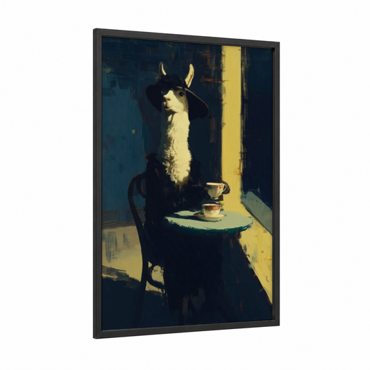 Contemplative Llama framed art print — black wood frame — dark blue and gold palette