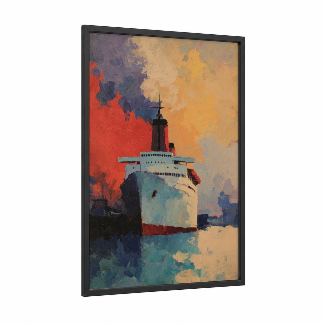 Vintage Cruise Ship framed art print — black wood frame — gold and red palette