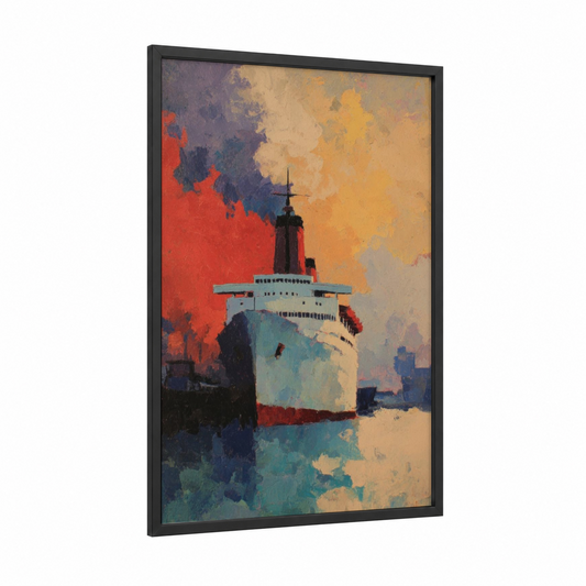 Vintage Cruise Ship framed art print — black wood frame — gold and red palette
