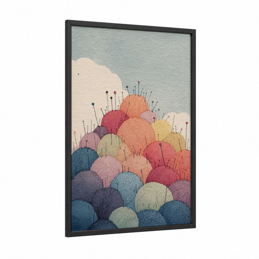 Colorful Yarn Balls framed knitting and sewing print — black wood frame — blue and pink palette