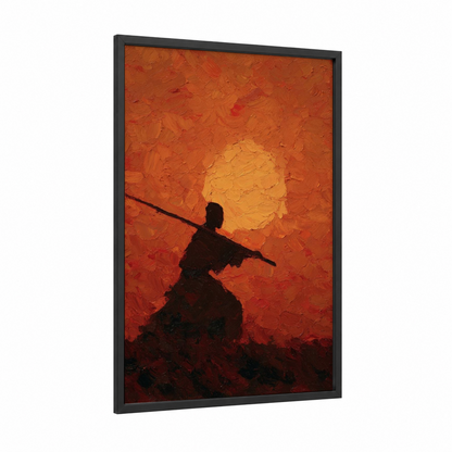 Sunset Warrior framed kung fu print — black wood frame — red and gold palette