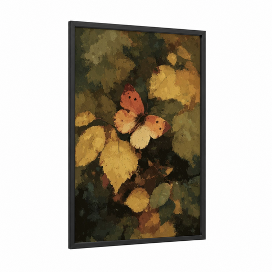 Autumn Butterfly framed art print — black wood frame — yellow gold and olive palette