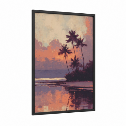 Tropical Sunset Palms framed beach sunrise and sunsets print — black wood frame — orange and purple palette
