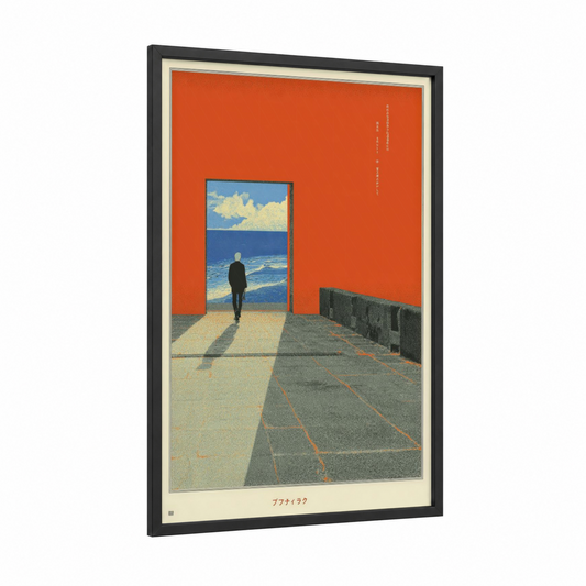Solitude Gateway framed japanese y2k print — black wood frame — red and blue palette