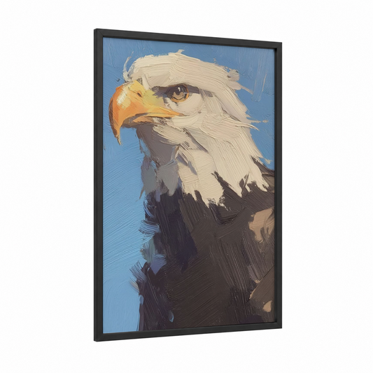 Majestic Eagle Portrait framed art print — black wood frame — blue and gold palette