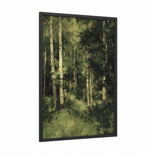 Misty Eucalyptus Forest framed art print — black wood frame — green and light green palette