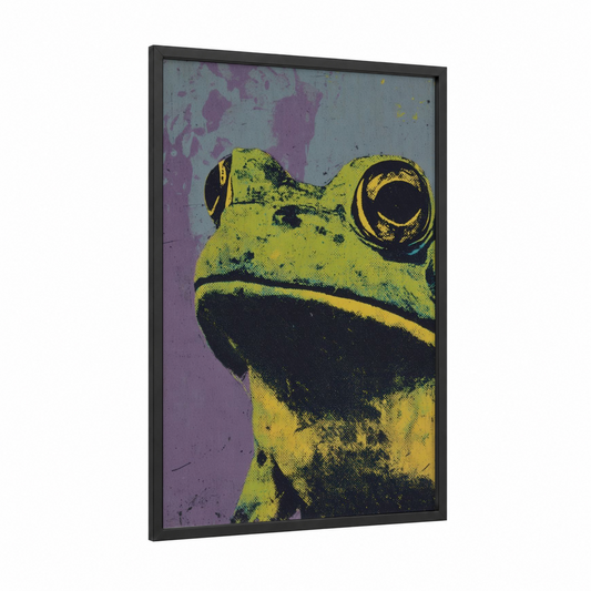 Lime Frog Pop framed frogs and toads print — black wood frame — lime green and black and white palette