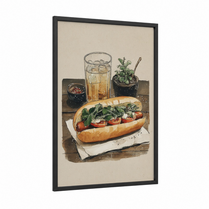 Gourmet Sandwich framed fast food print — black wood frame — cream and olive palette
