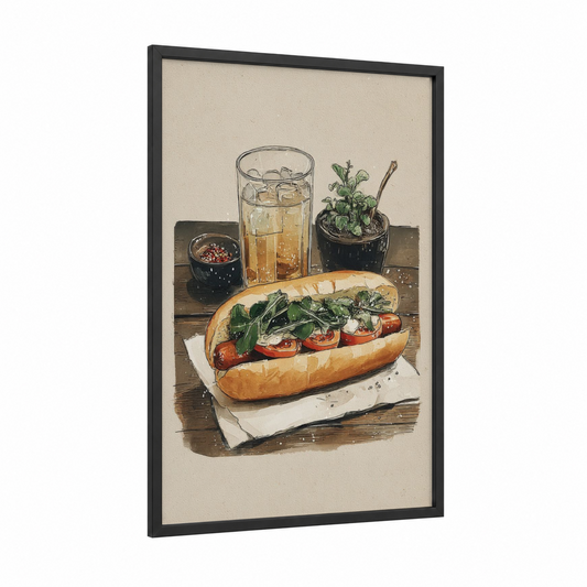 Gourmet Sandwich framed fast food print — black wood frame — cream and olive palette