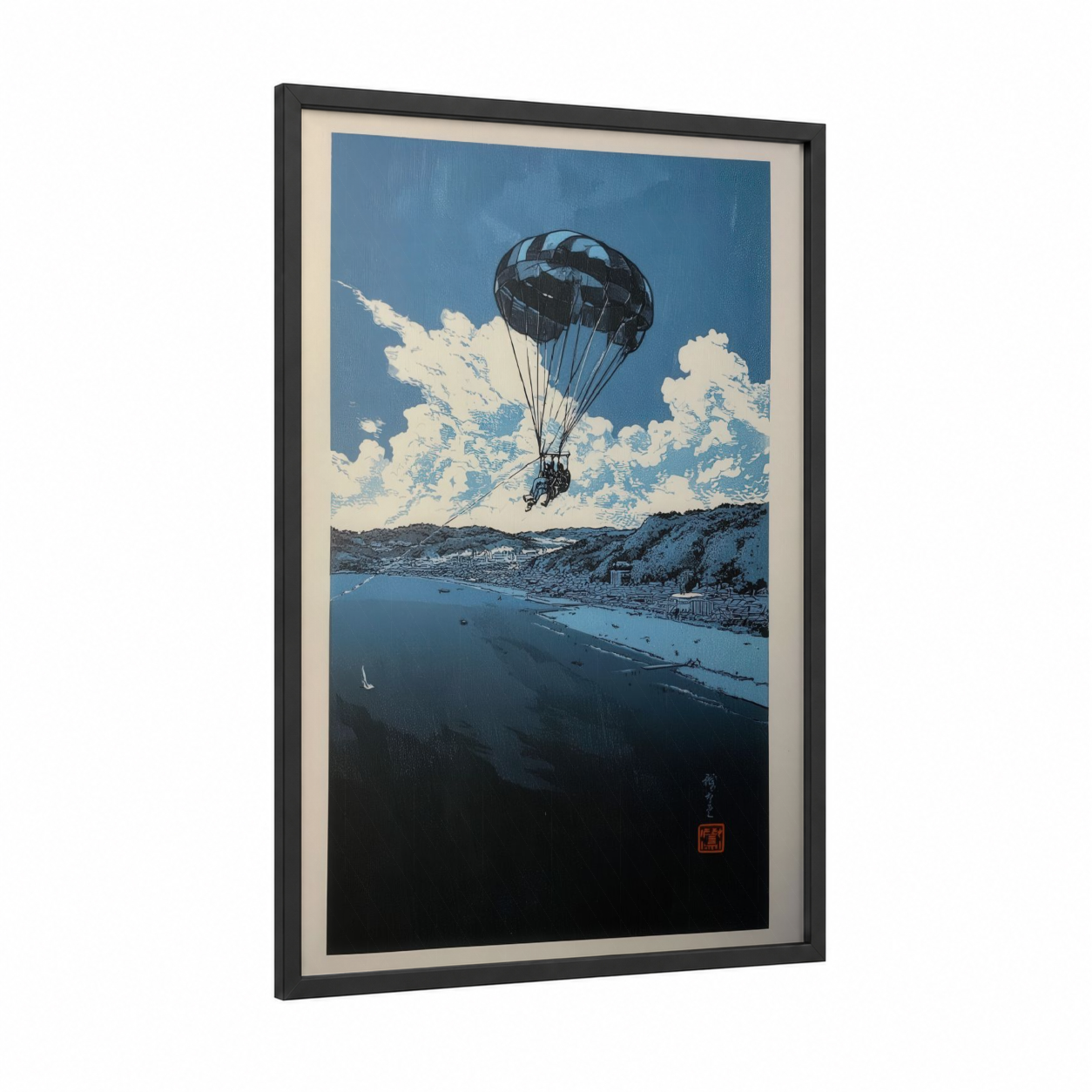Coastal Parasailing framed art print — black wood frame — blue and white palette