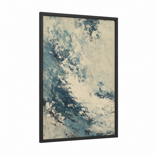Snowy Mountain Peak framed winter print — black wood frame — blue and white and dove gray palette