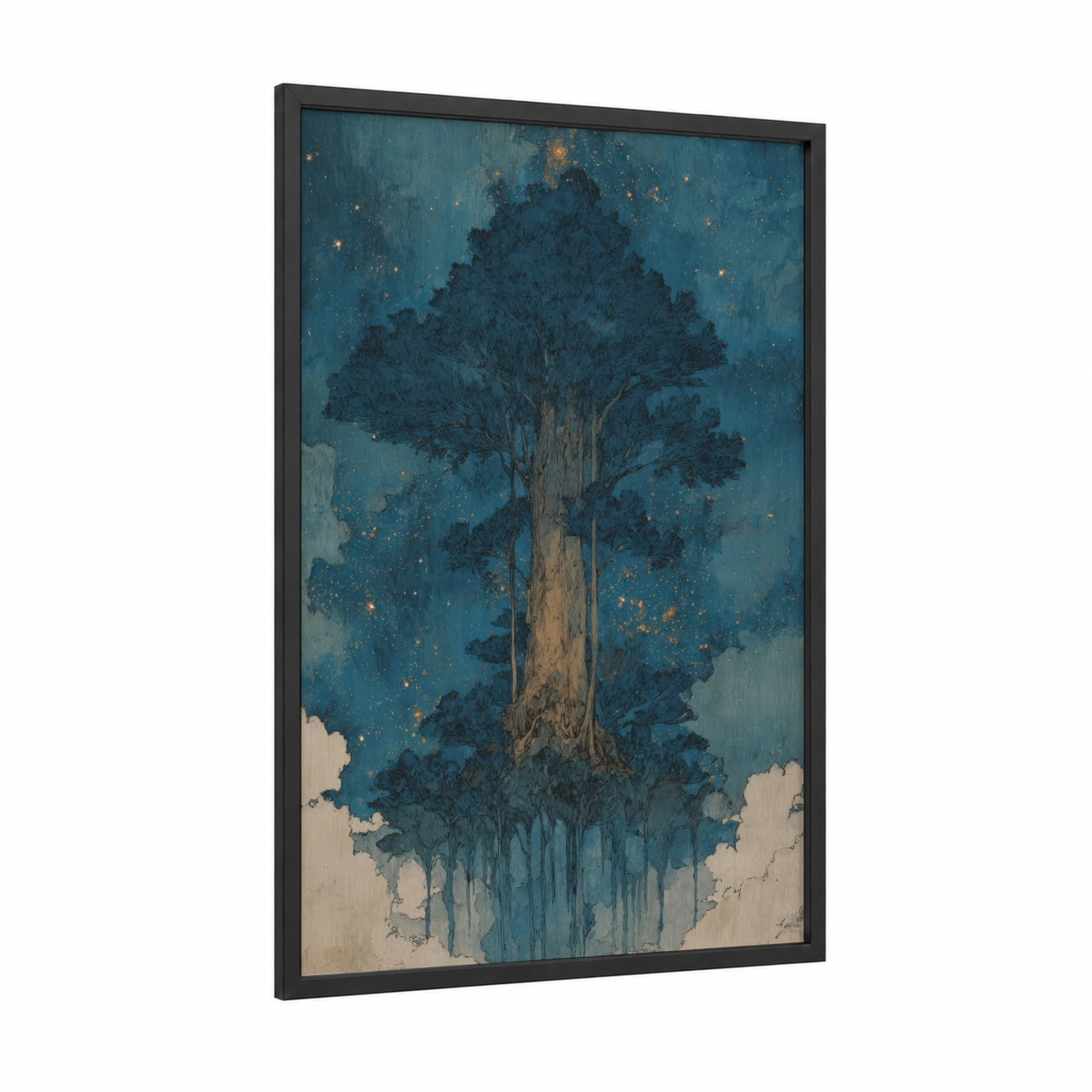 Starlit Kauri framed kauri tree print — black wood frame — teal and gold palette