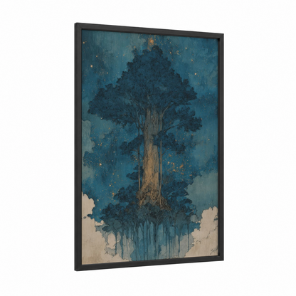 Starlit Kauri framed kauri tree print — black wood frame — teal and gold palette
