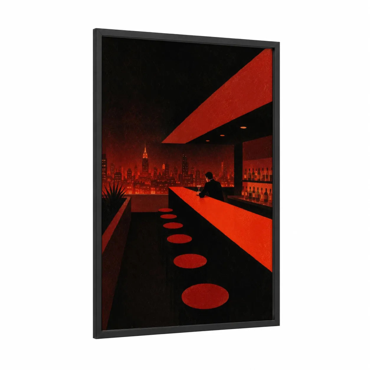 Retro Cityscape Bar Scene Wall Art framed skyscraper print — black wood frame — red and black palette