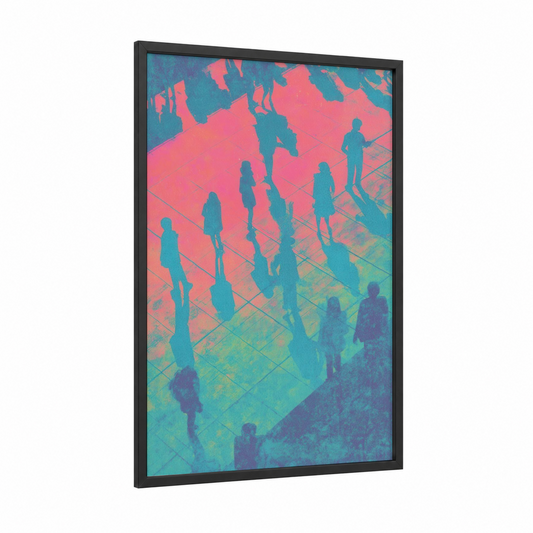 Disco Silhouettes framed art print — black wood frame — magenta and turquoise palette