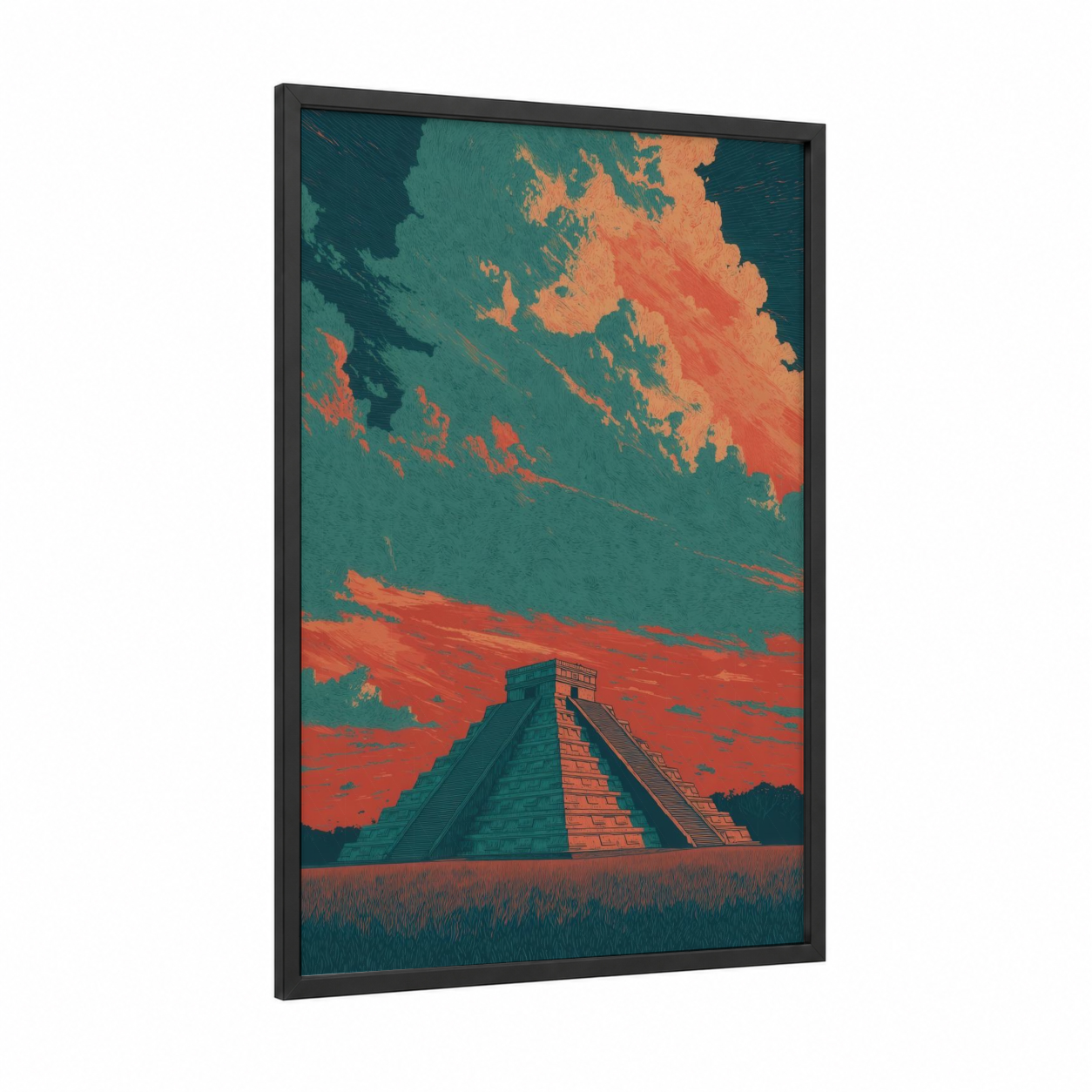 Crimson Pyramid framed chichen itza print — black wood frame — teal and red palette