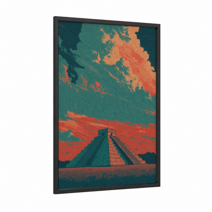 Crimson Pyramid framed chichen itza print — black wood frame — teal and red palette