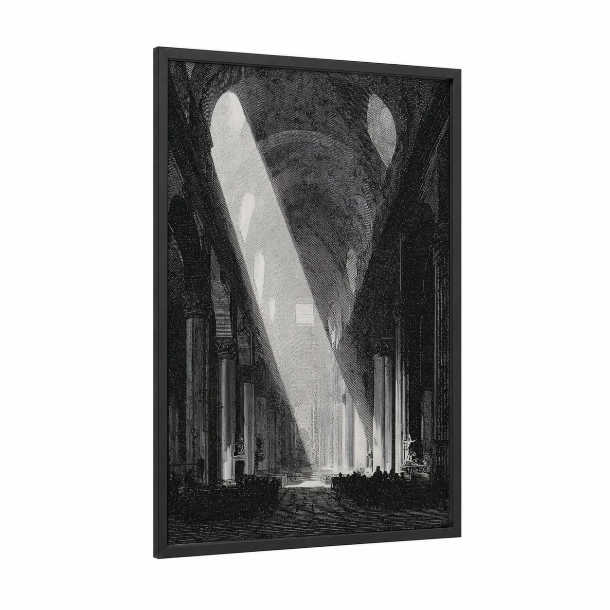 Divine Light Cathedral framed churches and chapels print — black wood frame — black and white and gray palette