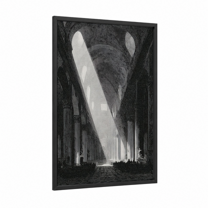 Divine Light Cathedral framed churches and chapels print — black wood frame — black and white and gray palette
