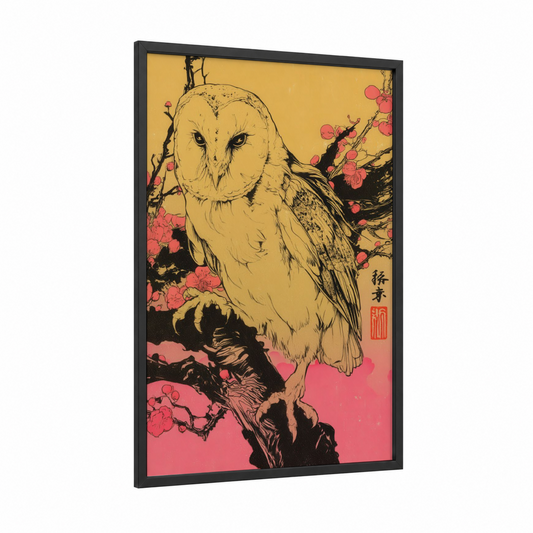 Blossoming Barn Owl framed art print — black wood frame — gold and pink palette