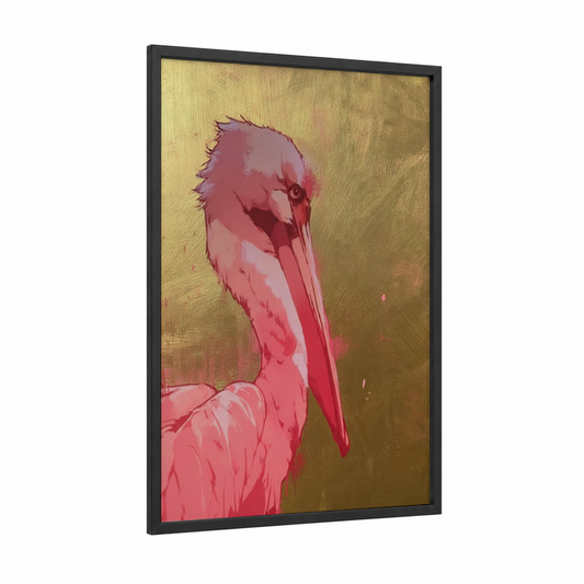 Rose Pelican framed art print — black wood frame — gold and pink palette