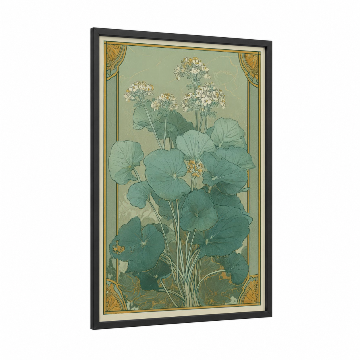 Nasturtium Botanical framed herbs print — black wood frame — sage green and gold palette